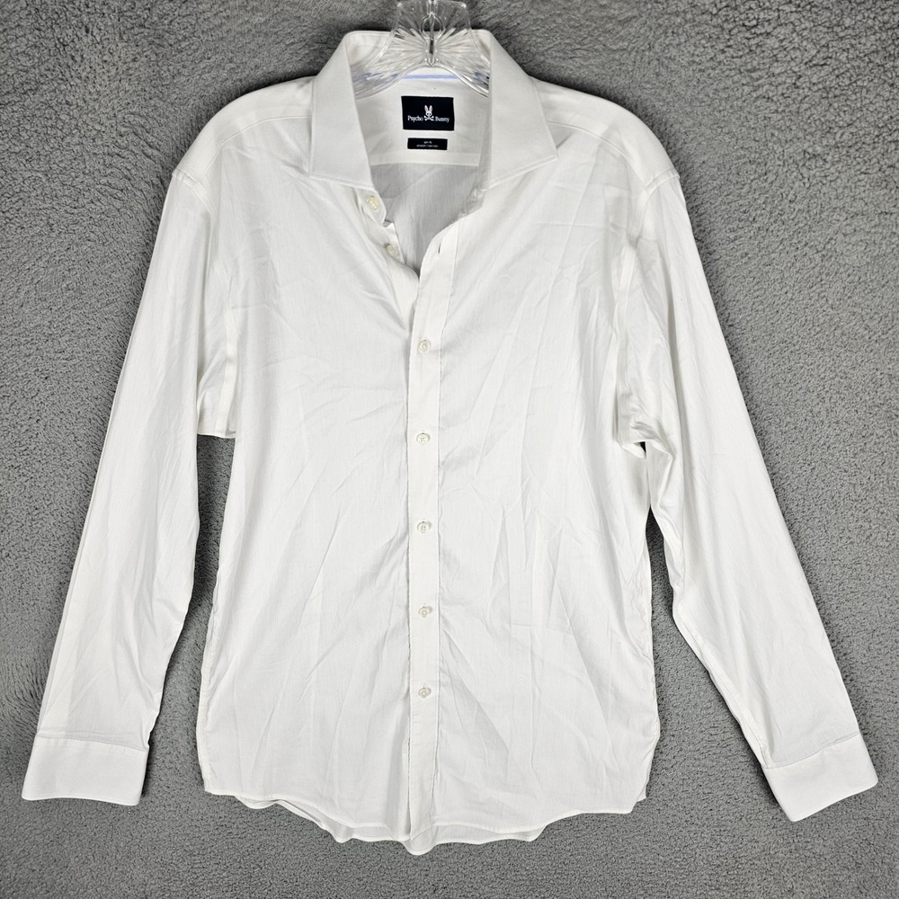 Psycho Bunny Shirt Mens 15.5 34/35 White Slim Fit Stretch Non Iron Long Sleeve